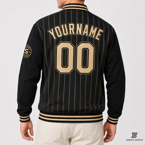 SINEWY <b>SPORTS</b> Men's <b>Black</b> Pinstripe Varsity <b>Jacket</b> Custom Name Number Breathable Sporty Stand Collar Winter Wear Embroidery 100% - Product Image 4