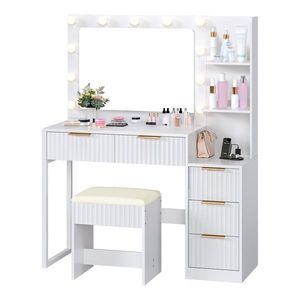 Set Toeletta con 5 Cassetti e 2 Ripiani, Finitura Melaminica Bianca in Truciolato, con 11 Lampadine Tricolore e Multipresa, per Trucco - Product Image 5