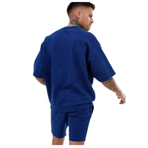 Shorts pour hommes très vendus, en coton épais, sweat-shirt à manches courtes avec shorts, broderie chenille, ensemble de shorts ajustés bleu royal - Product Image 4