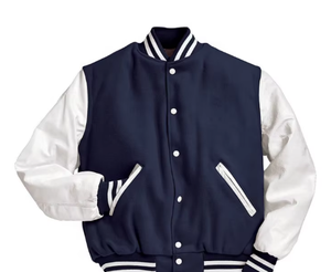 Men's Blue White Casual Varsity Jacket Regular Fit <b>Covered</b> <b>Button</b> Closure Solid Color Polyester/Cotton Wool Shell Anti-Bacterial - Product Image 2