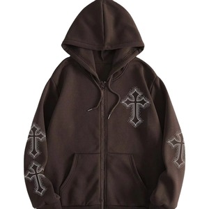 Winter Men 100% Cotton Fleece <b>Zip</b>-Up Hoodie Rhinestone Casual Oversized Fit Custom Logo Breathable Pocket Design - Product Image 6