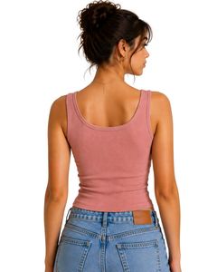 Top corto sin mangas de algodón acanalado rosa para mujer, con botones frontales, ajuste ceñido, estilo casual de verano, suave y elástico, top básico de moda. - Product Image 2