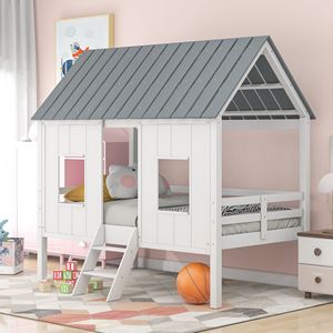 Letto a soppalco bianco singolo con tetto e due finestre frontali per bambini - Product Image 1