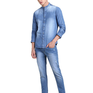 Chemise en jean pour homme, manches longues, couleur unie, col mandarin, coupe ajustée décontractée, coton délavé, respirante, toutes saisons - Product Image 3