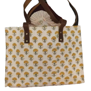 Yellow Floral Printed <b>Canvas</b> Women <b>bags</b> for Laptop & Everyday Use with Leather Handles Premium Printed Cotton <b>Shopper</b> Tote - Product Image 4