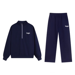 Unisex Navy Blue Tracksuit Set Half-Zip Sweatshirt And <b>Jogger</b> Pants With Logo Casual Wear Autumn Style - Product Image 1
