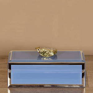 Royal <b>Blue</b> Glass Jewelry Storage Box with Gold Accent Natural Stone Knob Beveled Edges Glossy Finish Decorative Keepsake - Product Image 1