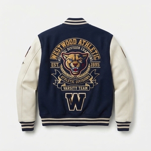 Chaqueta Varsity de Materiales Mixtos, Chaqueta Bomber Informal, Combinación Original de Tela de Lana, Poliéster/Algodón, Cuello Redondo, Botones a Presión, Letras - Product Image 2