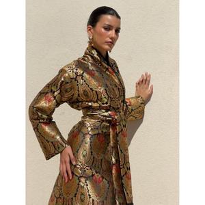 Luxury Kimono-kaftan In Black <b>Gold</b> Silk Brocade Subtle Textured Motif High Neckline Long Straight Silhouette Silk For Women - Product Image 5