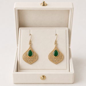 <b>Gold</b> Plated Green Onyx Filigree <b>Dangle</b> <b>Earrings</b> Pear Shape Gemstone Boho Vintage Statement Jewelry for Women - Product Image 6