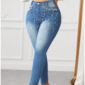 Nuevos Jeans de Mezclilla de Cintura Alta y Pierna Ancha para Mujer, con Adornos de Perlas en Toda la Superficie, para un Estilo Chic y Moderno a Bajo Precio - Product Image 4