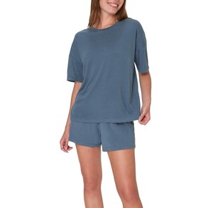 Women's Black 2-Piece <b>Knitted</b> <b>Set</b> O-Neck Short Sleeve Top With Pocket Above Knee Shorts Casual Breathable Spring Summer Wear - Product Image 2