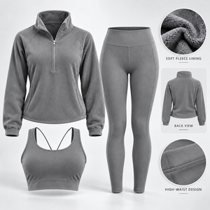 Conjunto de yoga sencillo de 3 piezas para mujer: Top deportivo de forro polar con media cremallera y espalda cruzada, sujetador deportivo y leggings de cintura alta de secado rápido para invierno - Product Image 5