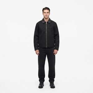 OEM Custom <b>Black</b> Cotton Canvas Denim Workwear <b>Jacket</b> Men Streetwear Monogram Print Leather Collar Brass Hardware <b>Chore</b> Coat 280 - Product Image 1