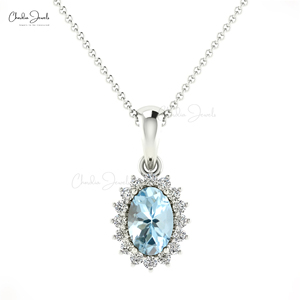 Producto en Oferta, Colgante de Aguamarina Brasileña con Corte Ovalado de 6x4 mm, Halo de Diamantes en Oro Fino de 14k, Joyería de Boda al Mejor Precio - Product Image 3