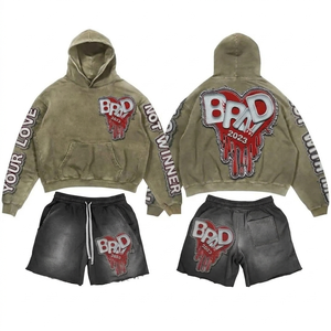 Heavyweight 400 GSM Cotton Blend Washed Hoodie And <b>Shorts</b> Set Chenille <b>Patch</b> Custom Logo Hoodie <b>Short</b> Set <b>men's</b> - Product Image 2