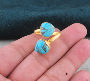 Wholesale <b>Silver</b> Plated Turquoise Classic Two Stone <b>Adjustable</b> Bezel Set Gemstone <b>Ring</b> for Party Occasions - Product Image 2