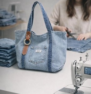 Full Custom Denim Zipper <b>Tote</b> <b>Bag</b> Embroidered Front Design Bottom Gusset Leather-look Handles for Custom Conference Exhibition - Product Image 1