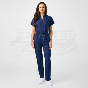 Women Navy Blue Medical <b>Scrubs</b> Jumpsuit Short Sleeve Zip Front Hospital <b>Uniform</b> With Pockets For Medical Staff - Product Image 2