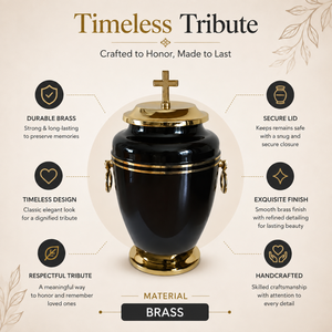 Urna Funeraria de Latón Negro para Cenizas Humanas, Cruz Cristiana, Recuerdo Conmemorativo para Adultos, Recipiente Funerario con Detalles en Oro, Hecho a Mano - Product Image 5