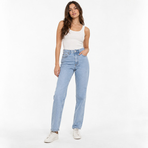Jean mom taille haute pour femme - Denim rigide coupe droite délavé moyen ajusté - Vente en gros Marque privée - Product Image 5