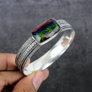 Natural Ammolite Sterling <b>Silver</b> Plated Channel Setting Ethnic Unisex Engagement Cuff <b>Bangle</b> <b>Bracelet</b> Rectangle Shape Wholesale - Product Image 3