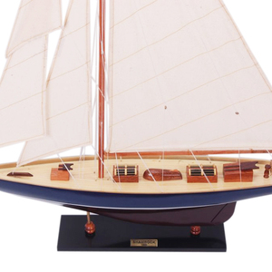 Modèle de voilier écologique artisanal en bois, bleu foncé et marron, type schooner, décoration nautique pour table et maison - Product Image 3