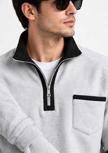 Sudadera Gris para Hombre con Cierre de Cremallera, Cuello Negro, Manga Larga, Felpa Francesa - Product Image 2