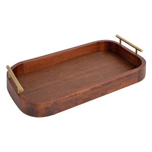 Plateau élégant en manguier rectangulaire au design personnalisé avec poignées en métal doré Plateau de présentation en bois à bords arrondis et accent décoratif - Product Image 1
