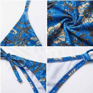 Conjunto de bikini de 2 piezas con estampado floral azul para mujer, cuello halter, parte inferior con lazo lateral, traje de baño elástico - Product Image 4