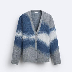Cardigan en tricot à manches longues, mélange de laine et d'acrylique, motif dégradé bleu-gris, vêtement d'automne, fermeture à boutons, coupe standard - Product Image 1