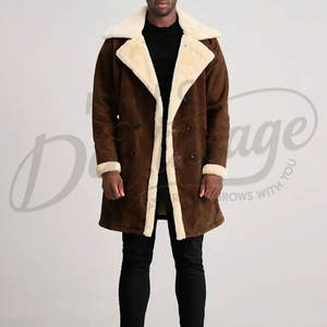Manteau long en daim marron pour homme, doublure en fausse fourrure crème de luxe, chaud pour l'hiver, à double boutonnage - Product Image 4