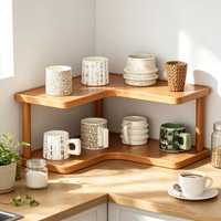 Étagère d'angle à double niveau en bambou pour rangement de vaisselle sur comptoir de cuisine, style moderne, autoportante et durable