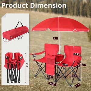 Chaise pliante d'extérieur 2 places avec parasol amovible pour la plage, le camping, la pêche, rouge - Product Image 2