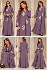 Purple Floral Embroidered Breathable Abaya Long Sleeve V Neck Floor Length Modest Muslim Women <b>Dress</b> Elegant Islamic Eid - Product Image 2