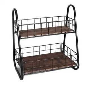 A Frame 2 Tier Black Metal Wire Basket Shelf Rustic Wooden <b>Plate</b> Storage Organizer Countertop Spice <b>Rack</b> Unit - Product Image 1