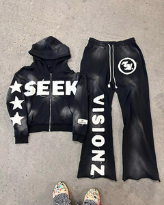 Ensemble de survêtement homme personnalisé en coton épais, délavé à l'acide, effet vieilli, avec sweat à capuche oversize et pantalon de jogging déchiré - Product Image 3