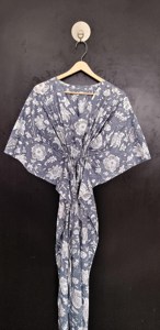 Handcrafted Cotton <b>Kaftan</b> Dress with Jaipuri Floral Block Print Elegant Grey and White <b>Summer</b> Loungewear V-Neck Maxi Dress - Product Image 4