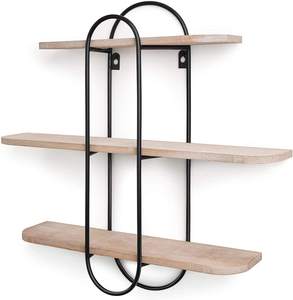 Modern Wooden Wall Shelf with Metal <b>Frame</b> 3-Tier <b>Floating</b> Bookshelf for Home Living Room Bedroom Display with Key Hooks - Product Image 6