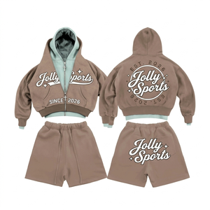 Premium 320 GSM cotton polyester fleece women hoodie short <b>set</b> red grey <b>mesh</b> panel custom print logo Hoodie Shorts <b>Set</b> for Women - Product Image 3