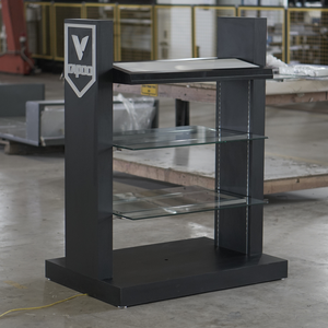 High-End Freestanding Modern Electronics Retail Display Stand | Double-<b>Sided</b> Glass Shelving <b>Unit</b> with LED Lighting OEM - Product Image 4