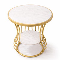 STYLE OVERSEAS Table d'appoint moderne de luxe durable avec plateau rond en marbre et structure en métal doré, avec étagère inférieure pour salon