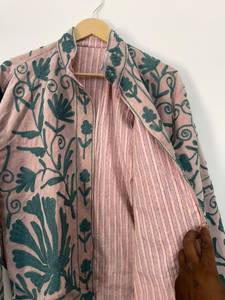 <b>Pink</b> Mandarin Collar Knitted Velvet Suzani Embroidered Jacket Green Floral Hand Embroidery Cotton Lining Eco-Friendly Boho Style - Product Image 2