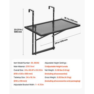 Mesa Plegable Metálica para Balcón de 19 x 24 Pulgadas, Mesa Colgante para Barandilla de Balcón con 5 Niveles de Ajuste para una Experiencia Mejorada en el Balcón - Product Image 4