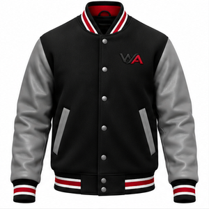 Custom Wholesale OEM Varsity <b>Jacket</b> Black Wool Body Grey <b>Leather</b> Sleeves <b>Red</b> White Snap Button Letterman <b>Jacket</b> PU Material - Product Image 1