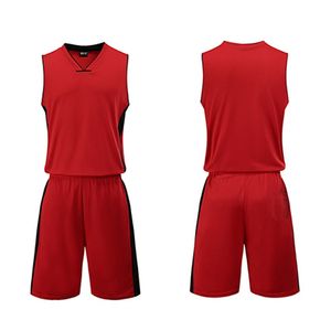 Ensemble de maillot de basket-ball rouge pour adultes, unisexe, en polyester respirant, sans manches, avec bandes latérales noires - Product Image 1
