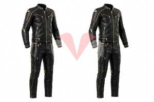 Conjunto de Chaqueta y Pantalones de Cuero Negro para Motociclismo con Detalles de Cierre Dorado para Hombre - Product Image 3