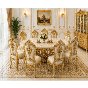Ensemble de salle à manger rond en or blanc d'inspiration victorienne, dernière collection, 10 places, meubles de salle à manger en bois haut de gamme, ensemble de salle à manger classique, Royaume-Uni - Product Image 1