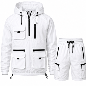 Grace Collection Men's Sporty Streetwear Solid Printed Hooded Quarter-Zip Fleece Jacket Shorts <b>Set</b> Quick Dry 300g Winter - Product Image 1