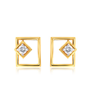 Boucles d'oreilles minimalistes en or jaune avec diamants de laboratoire blancs taille brillant rond, motif quadrilatère charmant - Product Image 1